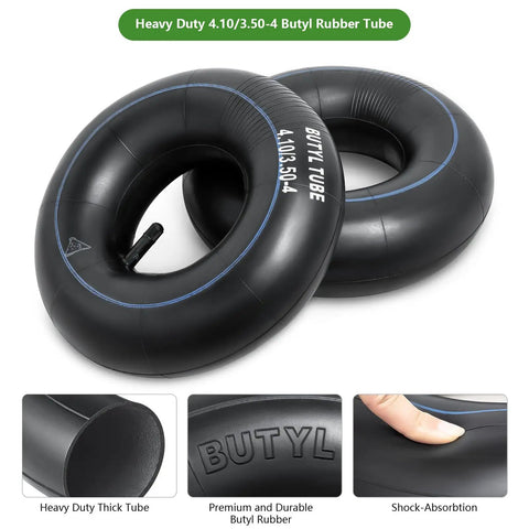 Heavy Duty 4.10/3.50-4 Inner Tube Set With TR-13 Straight Valve in black butyl rubber, close-up details of material and design, pack of 2