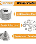 300 Piece Stainless Steel Washer Set With 15 Sizes From M3 To M12 Flat And Fender Washers 304 Stainless For Screws And Bolts Pro Grade DIY Home Auto Workshop Gear, 304 stainless steel flat and fender washers