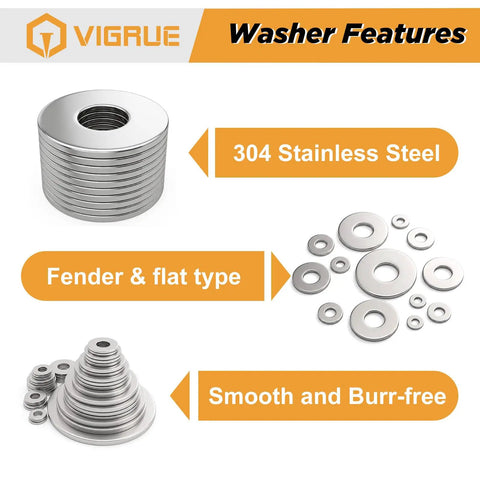 300 Piece Stainless Steel Washer Set With 15 Sizes From M3 To M12 Flat And Fender Washers 304 Stainless For Screws And Bolts Pro Grade DIY Home Auto Workshop Gear, 304 stainless steel flat and fender washers