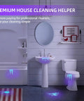 Bathroom with glowing pet stains visible under tiny but mighty portable UV black light flashlight with 12 LEDs for hidden stains.