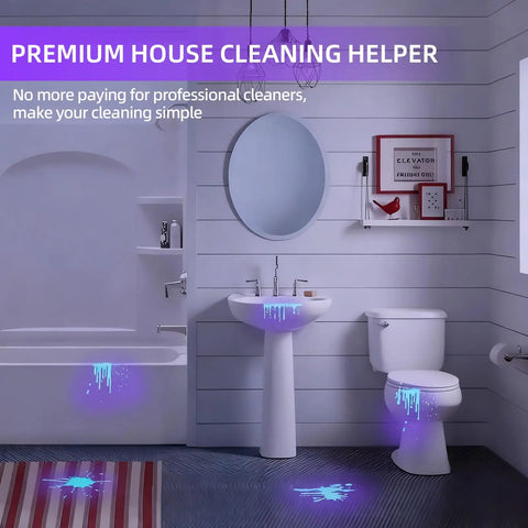 Bathroom with glowing pet stains visible under tiny but mighty portable UV black light flashlight with 12 LEDs for hidden stains.