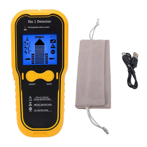 Generic 5 in 1 Stud Finder Wall Scanner Detector showing digital screen and accessories including USB cable and pouch.