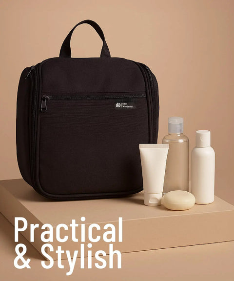 On The Go Travel Toiletry Bag With Ten Compartments Hanging Cosmetic Organizer with bottles on beige background