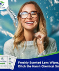 VisClear Lens Wipes for Eyeglasses, 100-count, ocean scent, individually wrapped; two wipe packets shown.