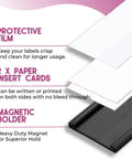 Infographic showing protective film, insert cards, and magnetic holder for 60 Pack Magnetic C Channel Label Holders For Metal Racks And Shelves.