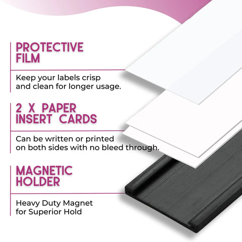 Infographic showing protective film, insert cards, and magnetic holder for 60 Pack Magnetic C Channel Label Holders For Metal Racks And Shelves.