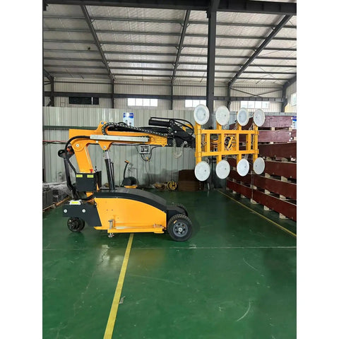 Heavy Duty Electric Glass Vacuum Lifter Built Different For Slick Hydraulic Power and Zero Hustle Mobile Handling, side view in warehouse.