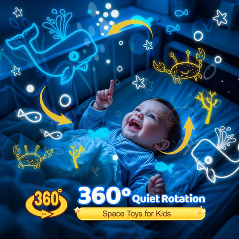 Child in blue room with Kids Space Projector Night Light With 360 Degree Rotation And Five Projection Films, playful night scene.