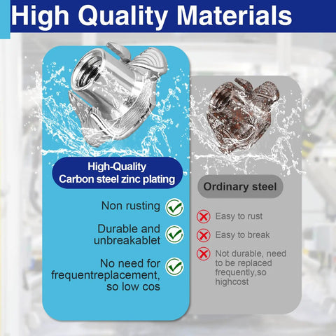 High-Quality Carbon Steel Zinc Plated 3/8 T Nut with water splash effect, contrasting with ordinary rusty steel.