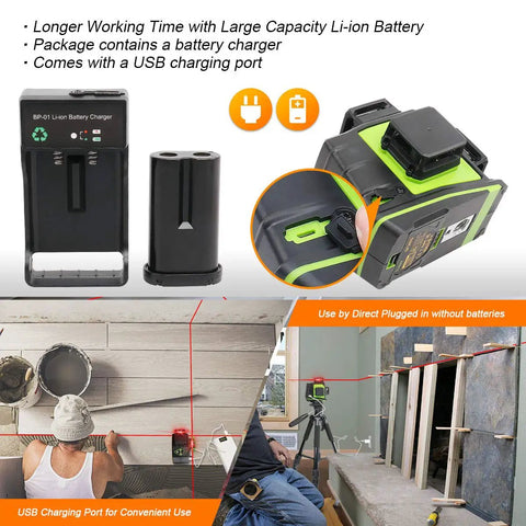 3D Self Leveling Laser Level With Three 360 Degree Laser Planes in use with magnetic pivoting base and battery charger