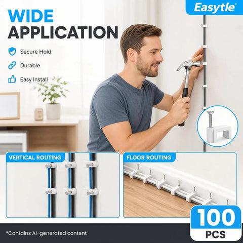 Durable Nail In Cable Clips Set of 100 for 8mm Cords and RJ45 Cat5 to Cat7 Ethernet Cables Flat Wall Mount Clips, white clips installed on wall