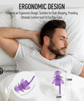 Man sleeping with Ultra Soft Sleep Ear Plugs 2 Pairs With 32 dB And 30 dB Noise Reduction Cushioned Silicone Mold in ear, purple