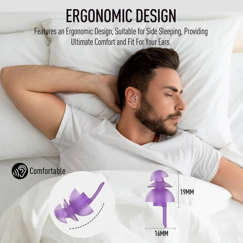 Man sleeping with Ultra Soft Sleep Ear Plugs 2 Pairs With 32 dB And 30 dB Noise Reduction Cushioned Silicone Mold in ear, purple