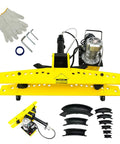 Beast Mode 21 Ton Electric Hydraulic Pipe Bender With Ten Steel Dies For Seven Eighths Through Four Inch Round Tubing Ninety Degree Bend Heavy Duty Garage Workhorse 110V with gloves and dies.