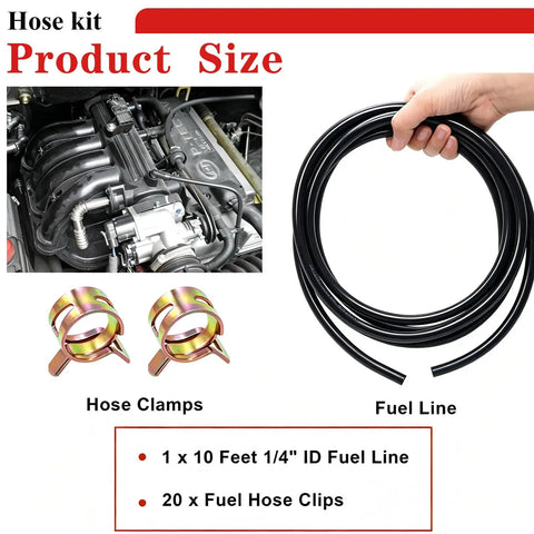 Quarter Inch ID Fuel Line Hose Kit With Ten Feet Of Line And Twenty Clamps Ethanol Resistant Cold And Heat Tolerant Works With Gasoline E85