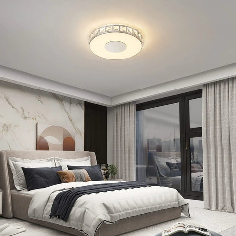 14 Inch Modern Ceiling Light Flush Mount With Crystal K9 Glass LED Dimmable Chandelier installed in a bedroom