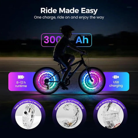 Silhouette of cyclist using Bright Dope Multicolor Wheel Hub Lights For Night Riding Quick Install Tool Free Spoke Lights at night