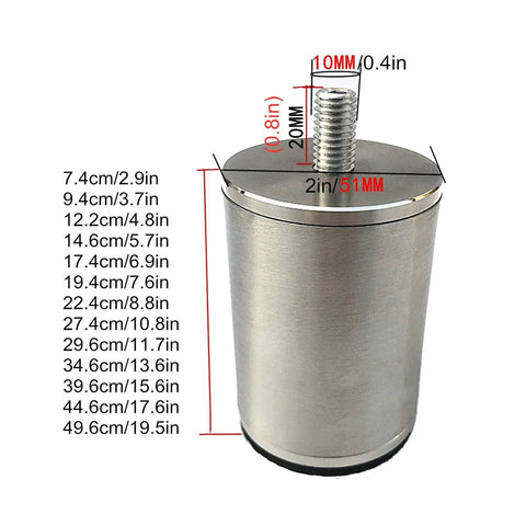 Brushed Stainless Steel Furniture Legs Set Of 4 Adjustable Round Metal Feet M10 Thread measurements in centimeters and inches
