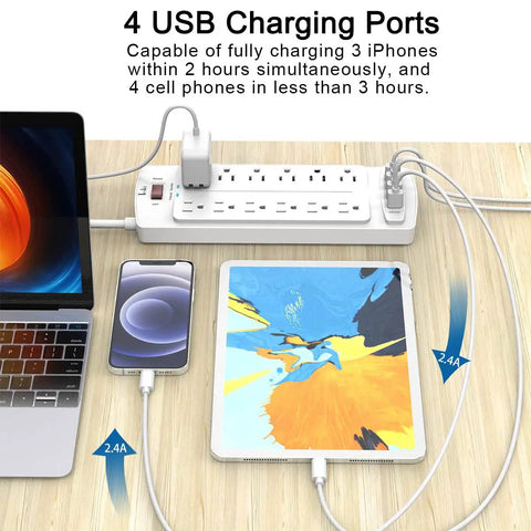 12 Outlet Power Strip With 4 USB Ports, 6 Ft Heavy Duty Extension Cord, 2700 Joules Surge Protector in use with devices