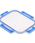 Leak Proof Glass Food Storage Set lid, blue silicone ring, part of 14 piece containers and lids, BPA free, oven safe borosilicate glass.