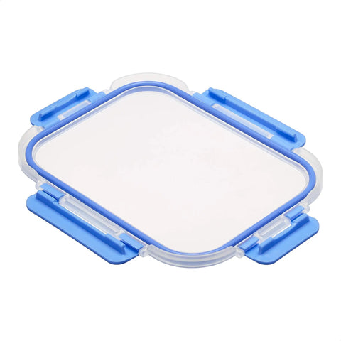 Leak Proof Glass Food Storage Set lid, blue silicone ring, part of 14 piece containers and lids, BPA free, oven safe borosilicate glass.