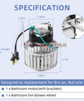 No Brainer DIY Friendly Replacement Bathroom Vent Fan Motor And Wheel Kit For 9415 Series setup with specifications chart