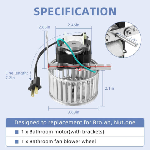 No Brainer DIY Friendly Replacement Bathroom Vent Fan Motor And Wheel Kit For 9415 Series setup with specifications chart