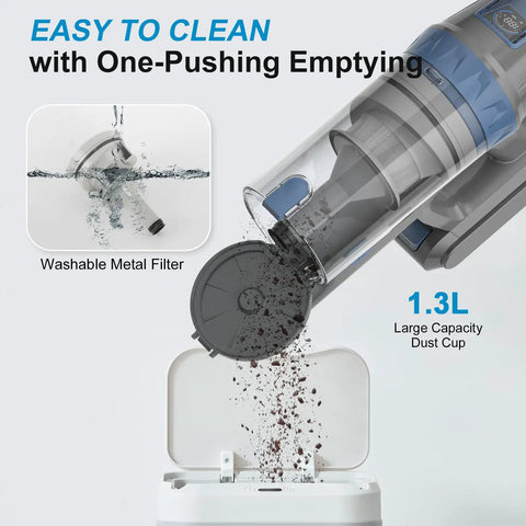 Cordless Vacuum Cleaner With 38KPa Suction And 450W Brushless Motor LED Display showing easy empty dust cup process