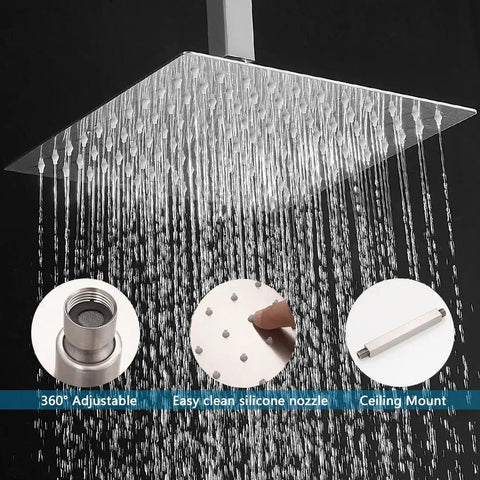 10 Inch Ceiling Mounted Shower System With Rain Mixer And Rainfall Head Brushed Nickel Finish All Metal Construction shown with water flow