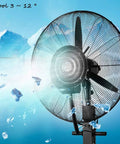Heavy Duty Oscillating Standing Fan Delivering Three Speed Pedestal Power For Whole Room Cooling And Smooth Indoor Outdoor Air Circulation close-up with icy background.