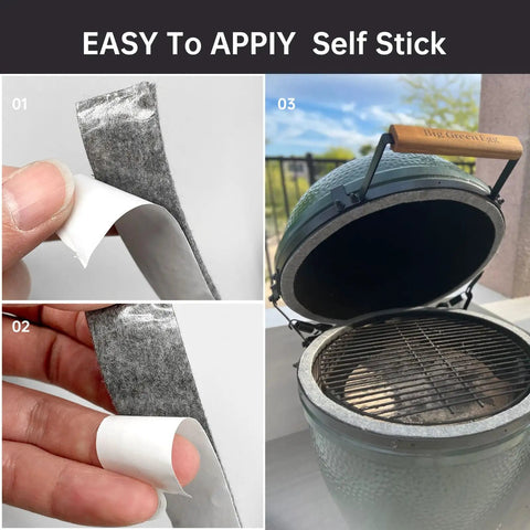 High Temp Grill Gasket Replacement For Large And XLarge Kamado Grills Self Adhesive No Fuss Fifteen Feet Long Seven Eighths Inch Wide One Eighth Inch Thick Leak Proof Seal For Big Green Egg Ovens And Smokers self-stick felt strip on kamado grill