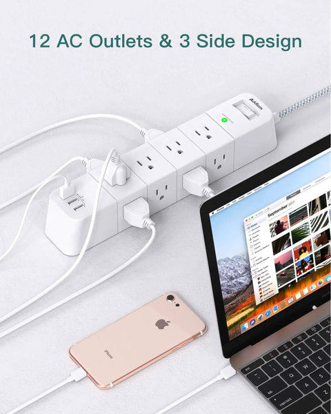Heavy Duty Surge Protector Power Strip With 12 Outlets And 3 USB Ports 10 Ft Braided Extension Cord in use with devices