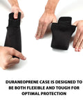 Laser Measurement Tool Holster With Soft Neoprene Case, Belt Loop And Carabiner Clip, Drop Protection For Digital Measuring Tapes, Travel Case For Bosch GLM Blaze DTAPE DT50 Mileseey And More, black neoprene holster shown open and closed