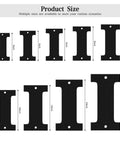Size comparison chart for black metal house numbers showing different dimensions and design details with nail holes.