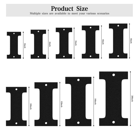 Size comparison chart for black metal house numbers showing different dimensions and design details with nail holes.