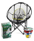Collapsible golf chipping net 23 inch folding frame with 3 target baskets shown with practice mat and golf balls