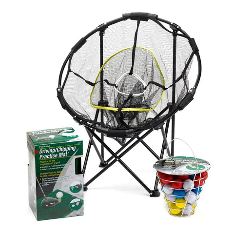Collapsible golf chipping net 23 inch folding frame with 3 target baskets shown with practice mat and golf balls