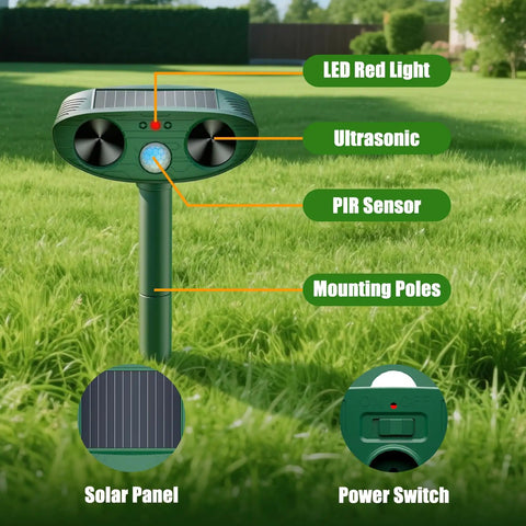 Solar Ultrasonic Outdoor Animal Repellent 4 Pack Upgraded Solar Powered Batteryless Deterrent For Gardens And Yards IP66 Waterproof Easy Install And Weatherproof Critter Defense For Pets And Wildlife, green