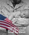 Soldier holding a sleeping baby with an American flag, representing veteran-owned and operated small business.