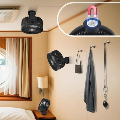 2-Pack Magnetic Cruise Fan with 12000mAh Rechargeable Battery, mounted on cruise ship cabin ceiling and wall, LED light visible
