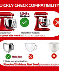 Compatibility guide for stand mixers with 4.5-5 qt tilt-head, stainless steel bowl shown, not bowl-lift style, various bowls displayed.
