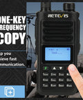 Close-up of Rugged Dual Band Handheld Radio With IP68 Waterproofing, 2500mAh USB-C Battery, CHIRP Compatible Walkie Talkie screen.