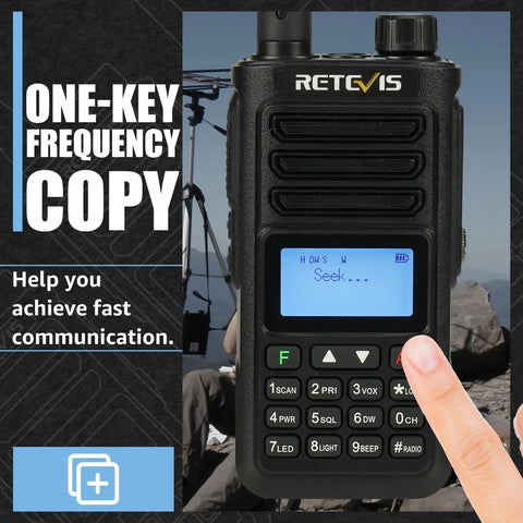 Close-up of Rugged Dual Band Handheld Radio With IP68 Waterproofing, 2500mAh USB-C Battery, CHIRP Compatible Walkie Talkie screen.