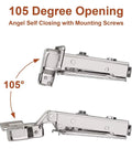 Premium Concealed No Sweat Easy Setup Soft Close Kitchen Cabinet Hinges For American Face Frame Doors showing 105 degree angle and mounting screws.