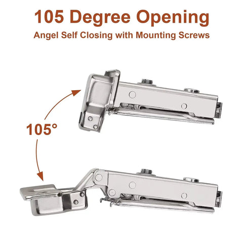 Premium Concealed No Sweat Easy Setup Soft Close Kitchen Cabinet Hinges For American Face Frame Doors showing 105 degree angle and mounting screws.