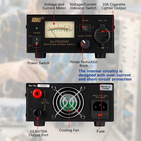 Front and back view of High Current 13.8V DC Bench Power Supply for Ham Radios, 30A peak, 20A continuous, with cigarette lighter socket.