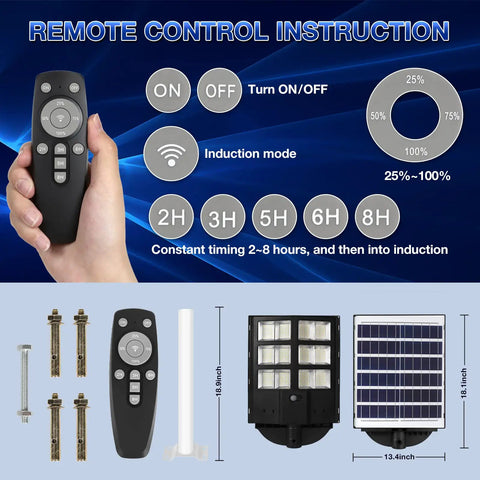 Solar Street Light Outdoor Waterproof Flood Light With 6000 Lumen 6500K LED, radar motion sensor, remote control instructions