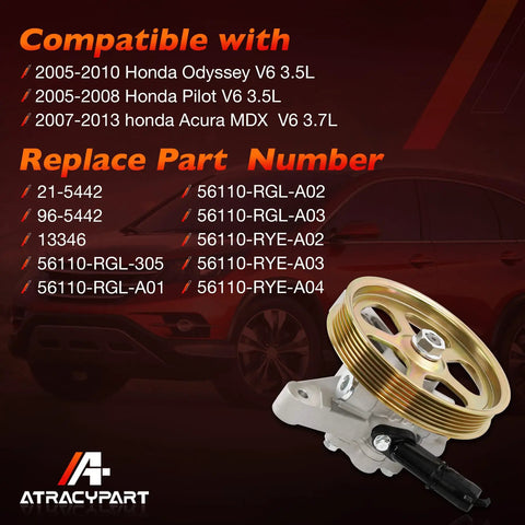 Power Steering Pump With Pulley For Honda Pilot 2005 2008 Odyssey 2005 2010 Acura MDX 2007 2013 3 5L 3 7L V6 Parts Numbers