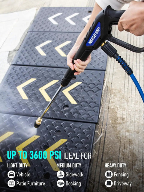 Person using Beefy Universal Pressure Washer Gun With Stainless Extension Replacement Wand Fits Ryobi Greenworks Simpson DeWalt 3600 PSI M22 14 Fitting And 1 4 Inch Quick Connect For Car Wash on driveway tiles.