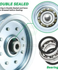 Double sealed idler pulley 4.25 inch outer diameter fits Cub Cadet 50 inch deck with close-up of bearing details.